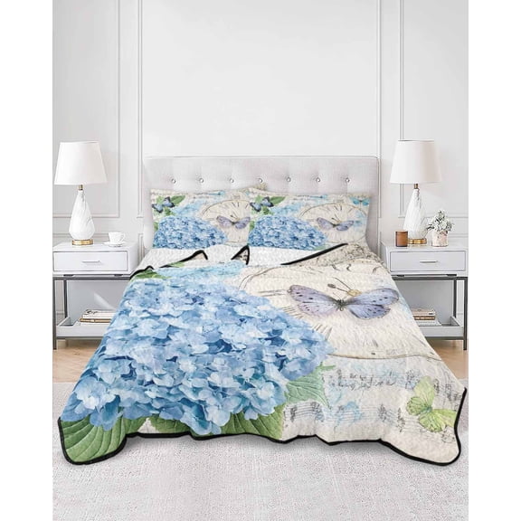 Quilts Twin XL Size, Blue Vintage Hydrangea Soft Comforter Bedding Set for Bed, Spring Retro Clock Butterfly Lightweight Quilted Bedspread with Pillow Cover(2 Pieces) for All Season, 68x98 Inch