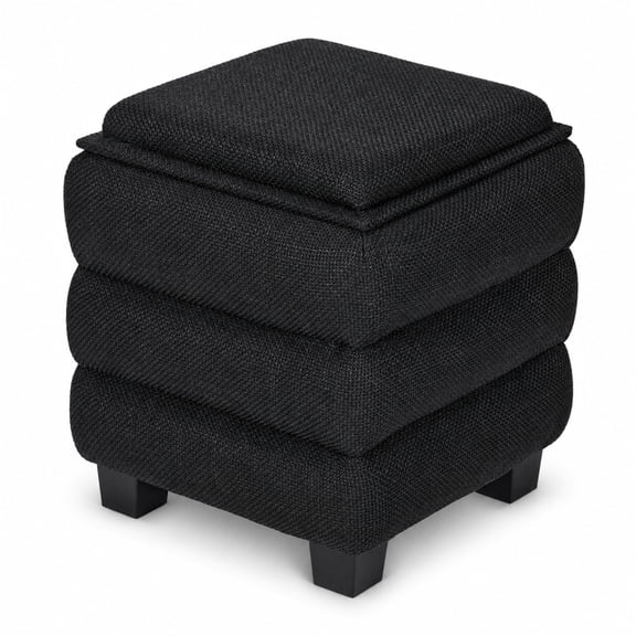 Aria Home Tessa Linen Cube Storage Ottoman with Reversible Tray Top, Hidden Storage, Black