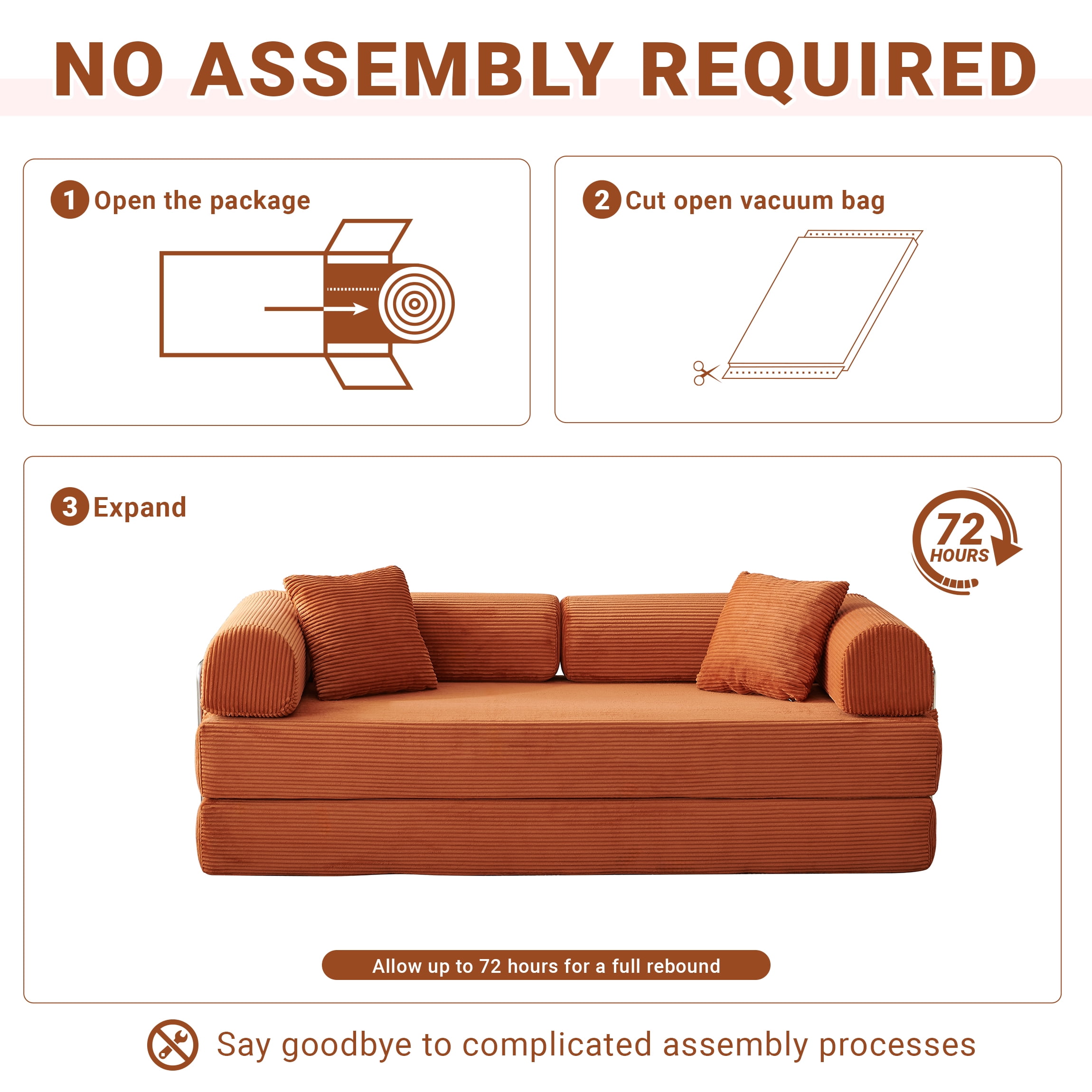 Vanress 78" Convertible Sofa Bed, Folding Sleeper Sofa Couch Bed with Fixed-Shape Frame, Pull-Out Sleeper Loveseat, Corduroy Boneless Futon Bed, No Assembly Required for Living Room & Bedroom, Orang