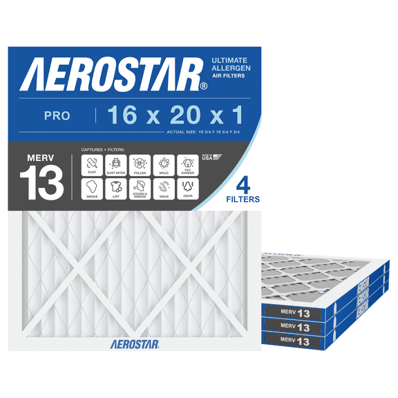 Aerostar 16x20x1 MERV 13 Air Filter, Pleated AC Furnace HVAC, Smoke Bacteria Allergy, 4 Pack