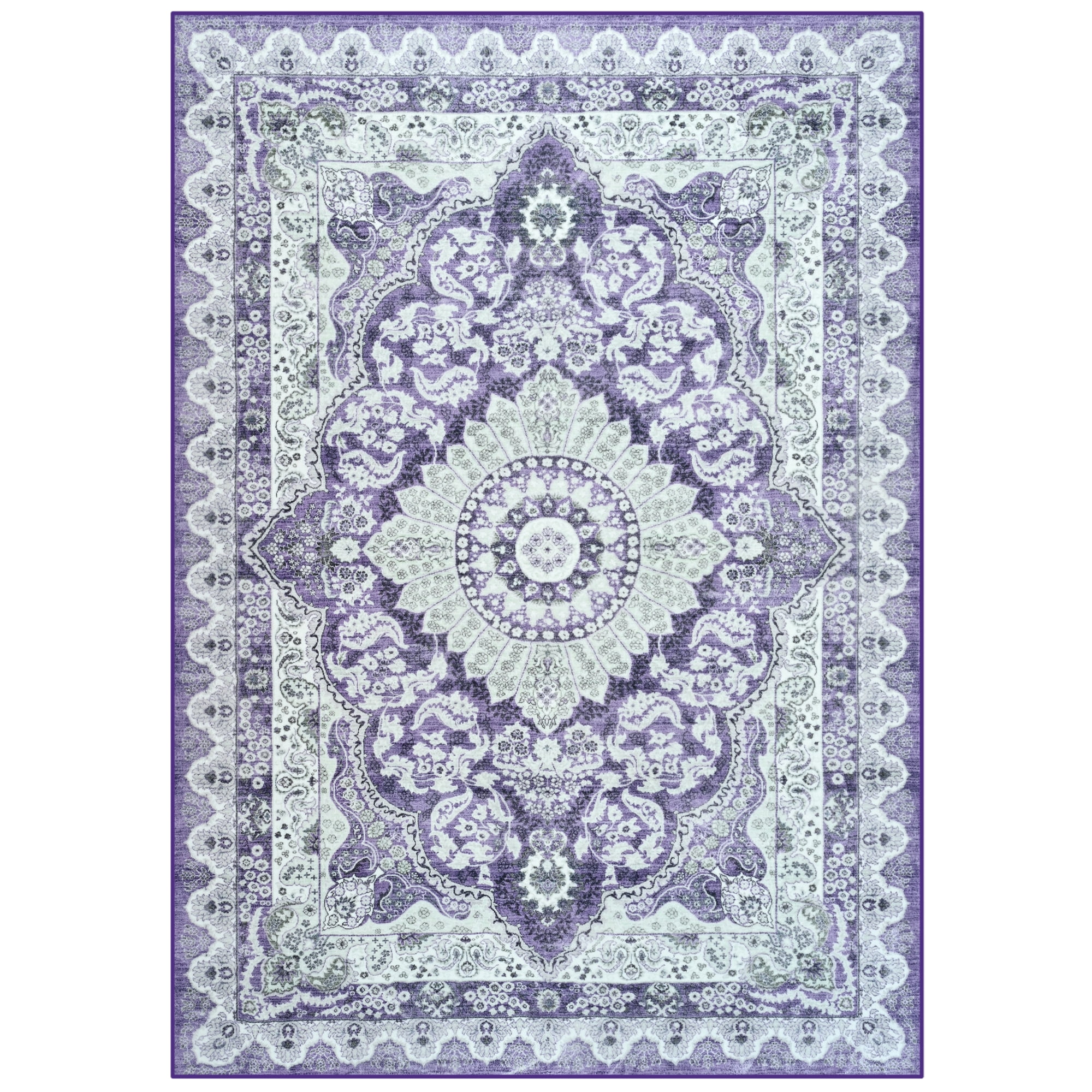 Ultrug Vintage Floral Print Rugs Soft Boho Carpet Retro Distressed Area Rug for Living Room Bedroom Home Decor,6'x9',Purple
