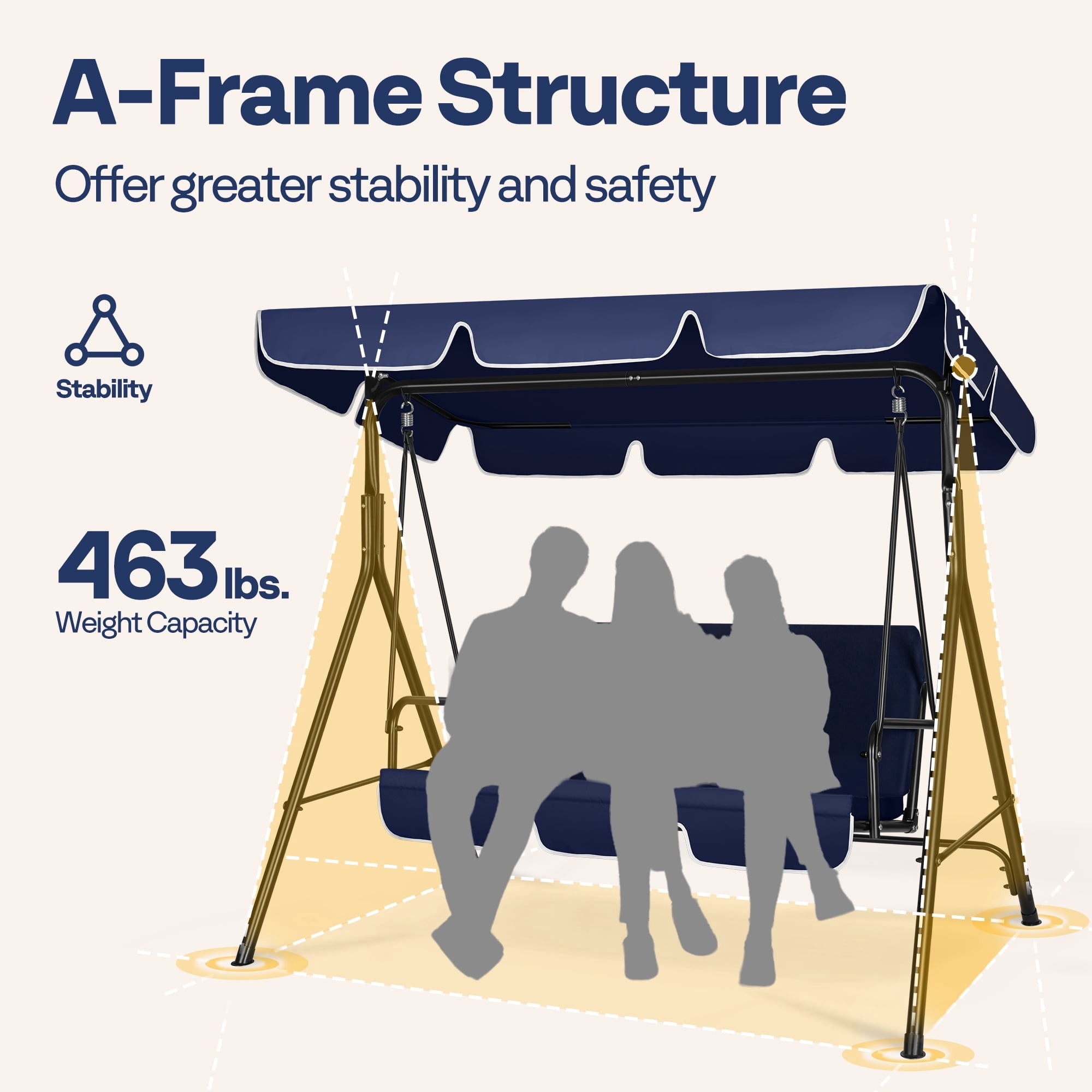 SPECSTAR 3 Seats Patio Porch Swing Chair, Converting Canopy,Removable Cushion,Cushioned Steel Frame Porch Canopy Swing Chair for Patio Garden,Blue