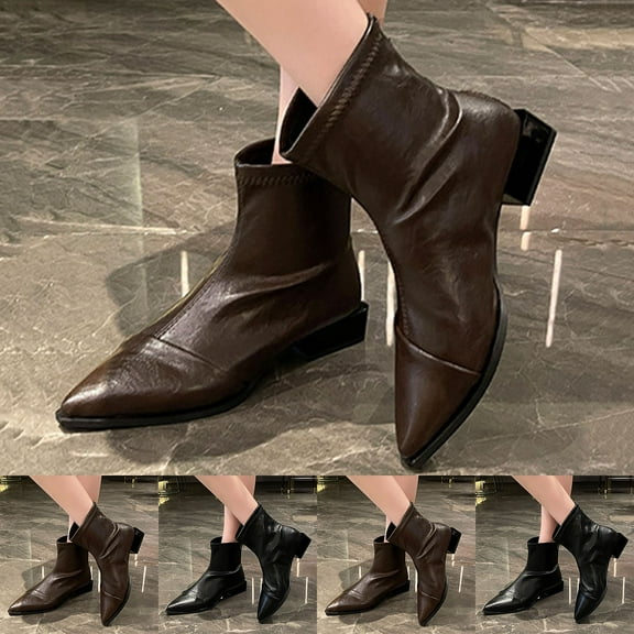 LOVZFMLL Boots for Women Ankle Chelsea Boots Side Zipper Pointy Toe Slip Resistant Low Block Heel Leather Fall Winter Fashion