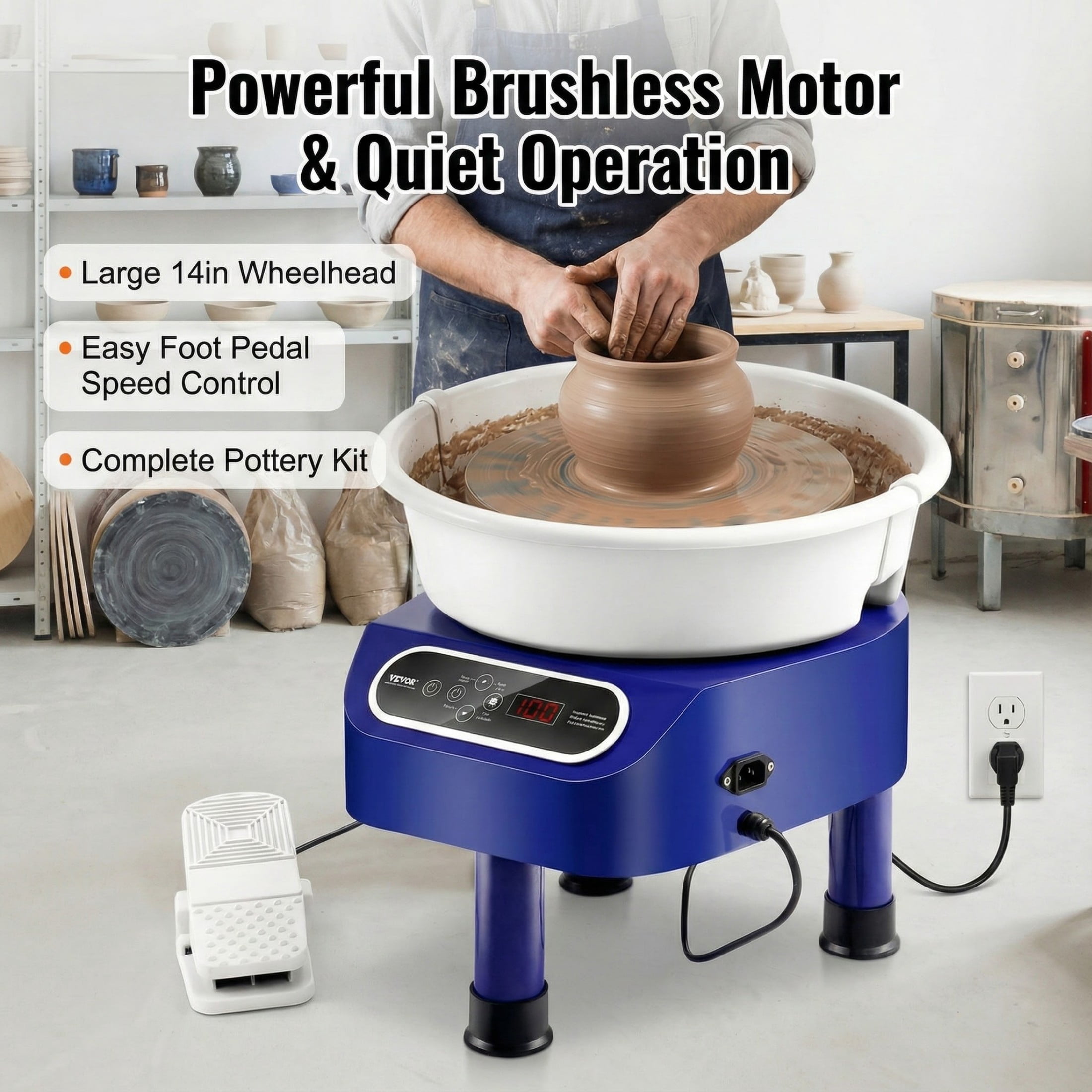 10" 350W Direct Drive Pottery Wheel, Foot Pedal & LCD Touch Screen, with 3-Leg Base for DIY Ceramics