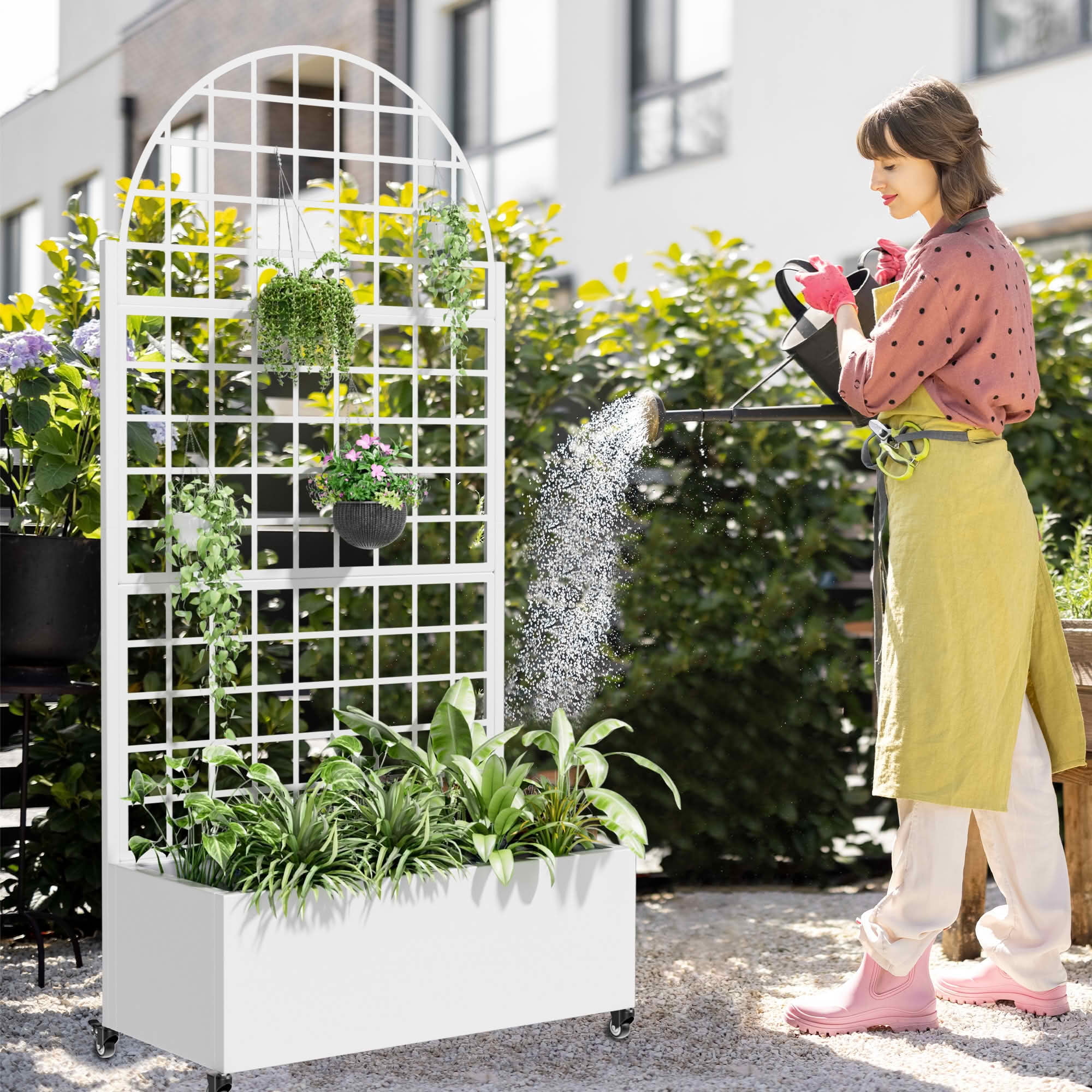 MAYEERTY 72x35x16 Inch White Metal Arched Planter Box with Trellis, 3 Piece Set for Outdoor Garden & Patio