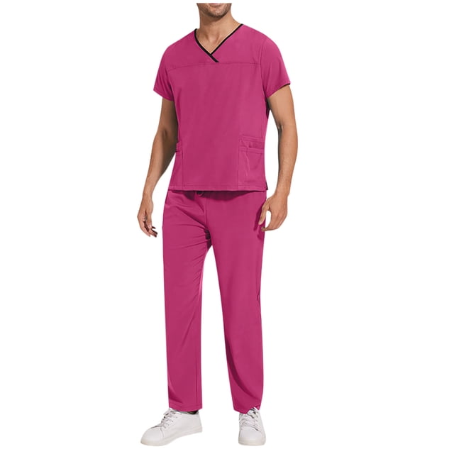 Penkiiy Scrubs Set para hombres, Classic V-Neck Stretch Top& Pantalones rectos Yoga Waistband 2XL Hot Pink