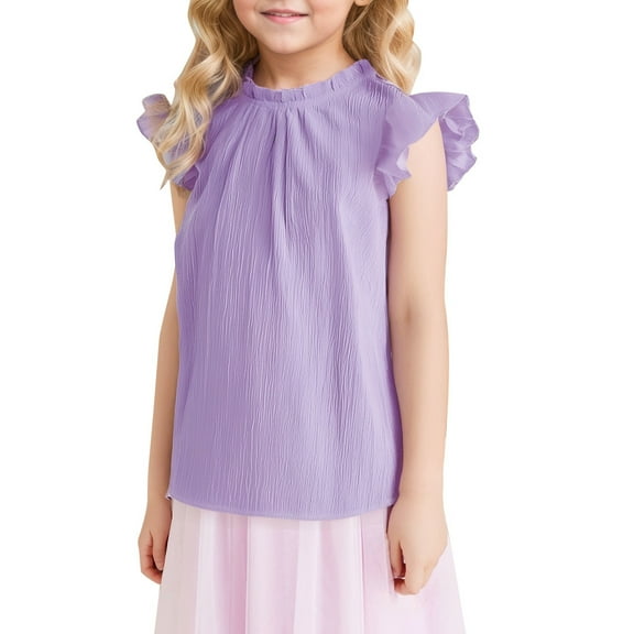 Little Kid Solid Color Ruffled Short Sleeve Fashion Casual Cute Girl Ruffled Neck Pleated Texture Shirt Cute off Shoulder Tops for Girls Girls Active Shirt Mesh Tube Top for 7-8 Years Purple