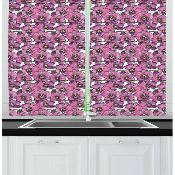 Ambesonne Flower Kitchen Curtains, Exotic Orchid Blossoms, 55"x39", Pink Violet and Yellow