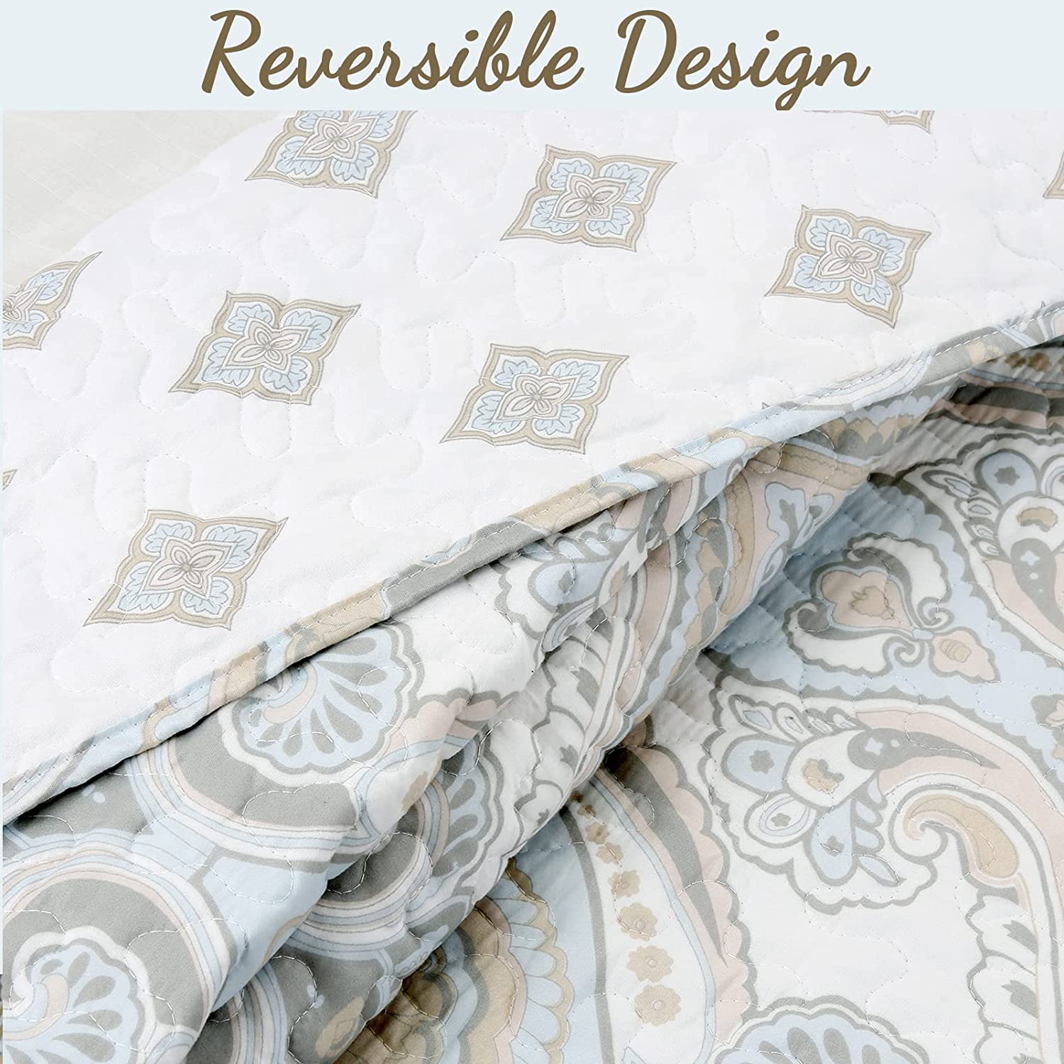 Cozy Line Home Fashions Sky Blue Brocade Medallion Microfiber Quilt, King - Reversible