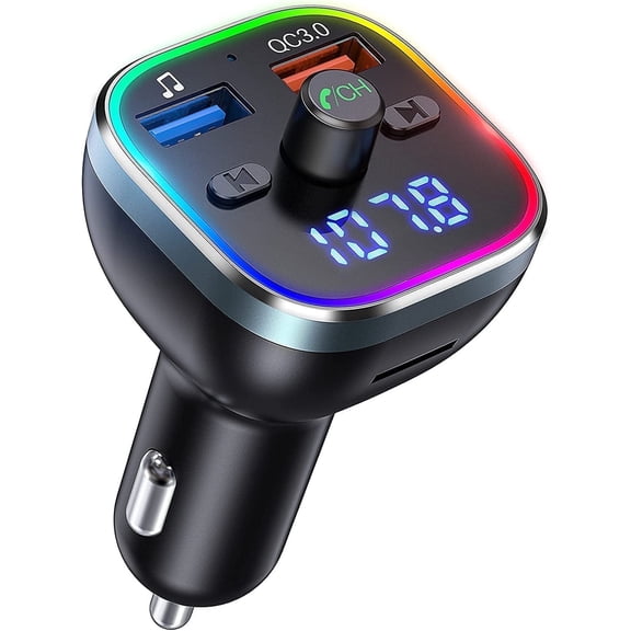 Bluetooth 5.0 FM Transmitter for Car, QC3.0 Hi-Fi Bluetooth Car Adapter, Music Player Car Adapter, LED Backlight, 2 Ports Car Charger, Hands-Free Calling, USB Drive, TF Card, Siri & Google Assistant