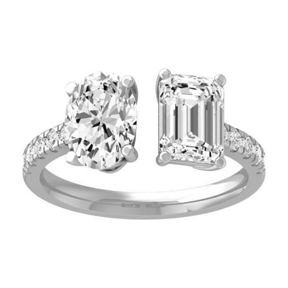 Araiya Fine Jewelry 10K White Gold Emerald, Oval and Round-shape Lab Grown Diamond two-Stone Band Ring (3 Cttw, D-F Color, VS1 Clarity) Size 5.5