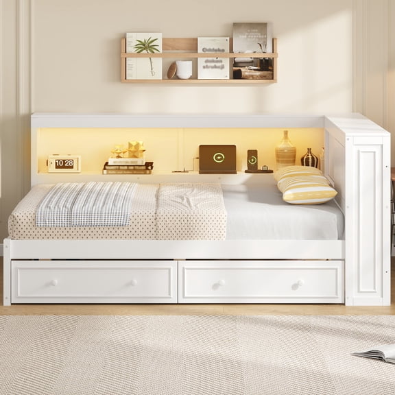 Mirightone Wood Full Size Daybed with Storage Drawers and Bookcase Headboard, Corner Bed Frame with LED Light & Charging for Teens Adults, White