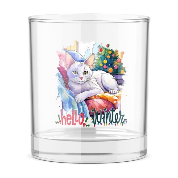 Watercolor Hello Winter Manx Chill Christmas Welcome 11oz Whiskey Glass Mug Cat Lover Kitten Owner Gifts Whiskey Cocktail Glasses Cup - 00016