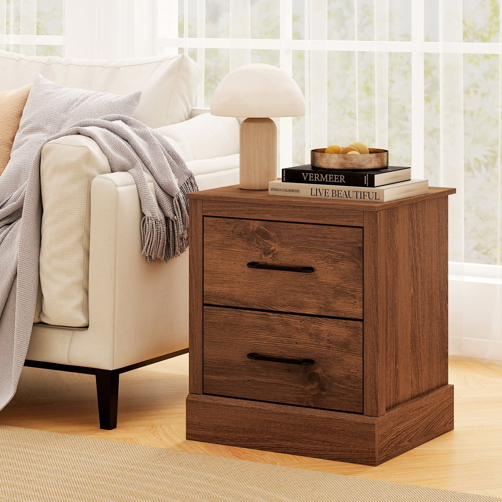 Gymax Set of 2 Drawer Nightstand Bedside Table Compact Sofa End Table Rustic Walnut