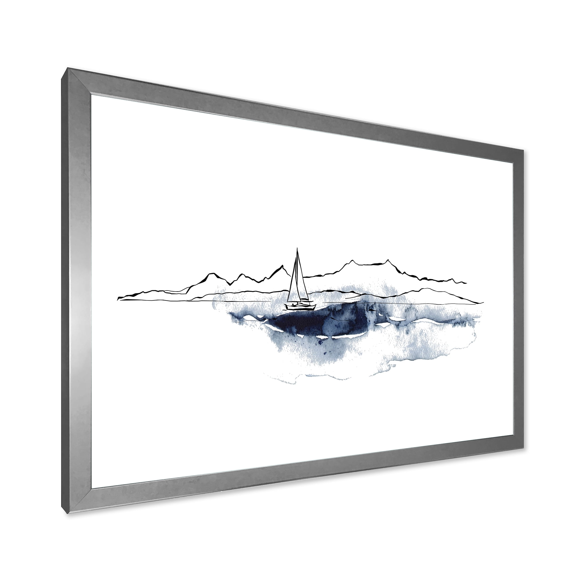 Designart 'Minimalistic Seascape With Boat and Black Mountains' Nautical & Coastal Framed Art Print