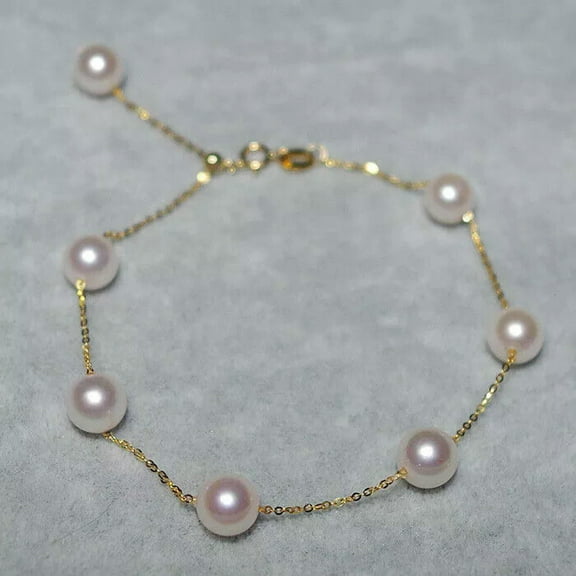 EOEMY 7.5-8" Stunning Aaa 7-8mm Real Natural Akoya White Round Pearl Bracelet