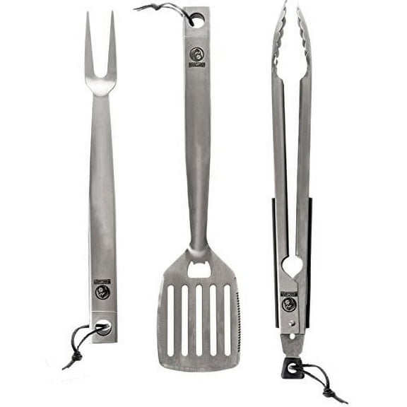 Mountain Grillers - BBQ Tools Grill Set - 3-Pack Grilling Utensils Durable Stainless Steel Grill Accessories Featuring Lockable Tongs, Spatula with Beer Opener & Meat Fork - Gift Idea for Men