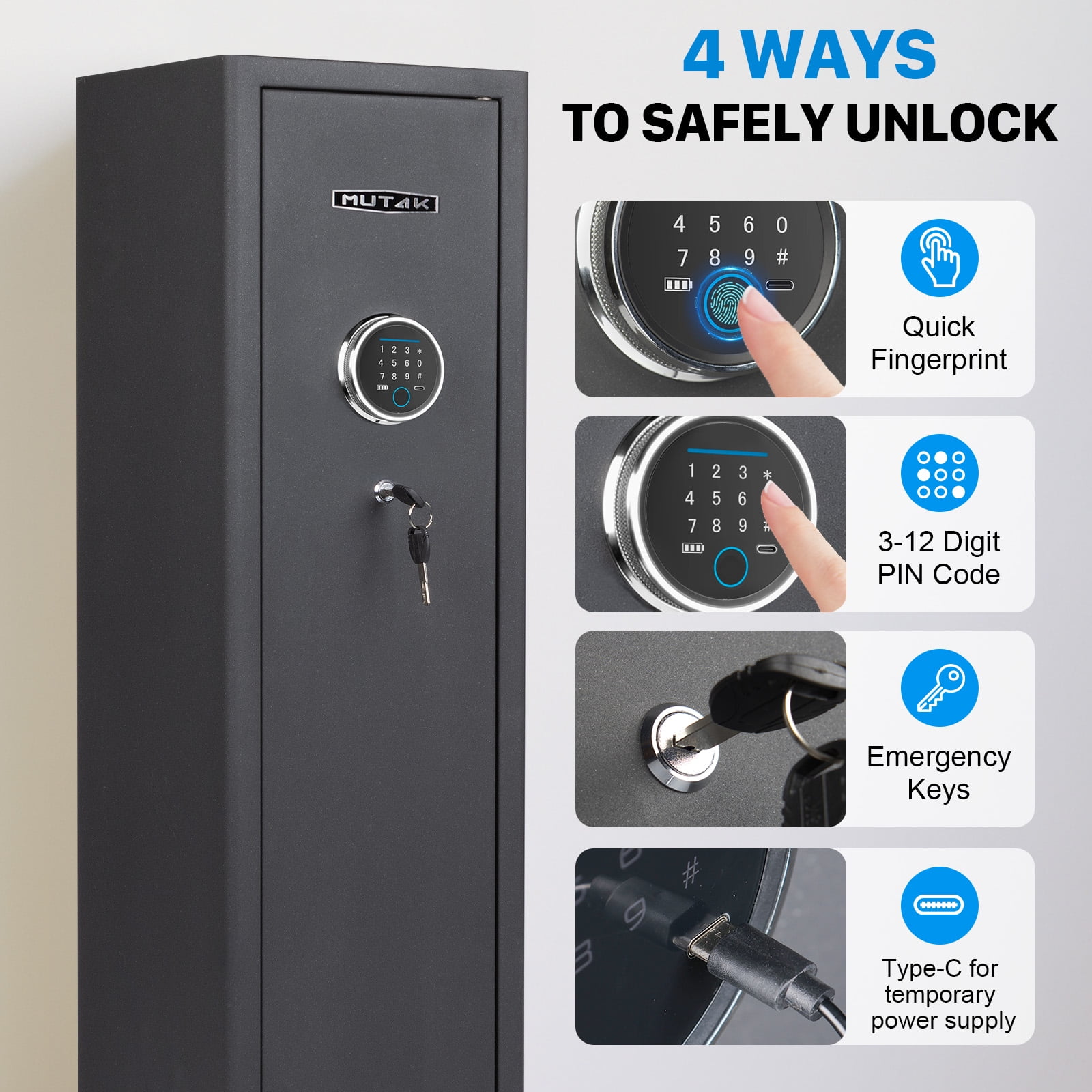Mutak 4-5 Compact Fireproof  Safes, Quick Access Fingerprint Gun Safe, Cabinet with Keypad & Mute Mode, Long Gun Safe with Adjustable Gun Support, Removable Shelf