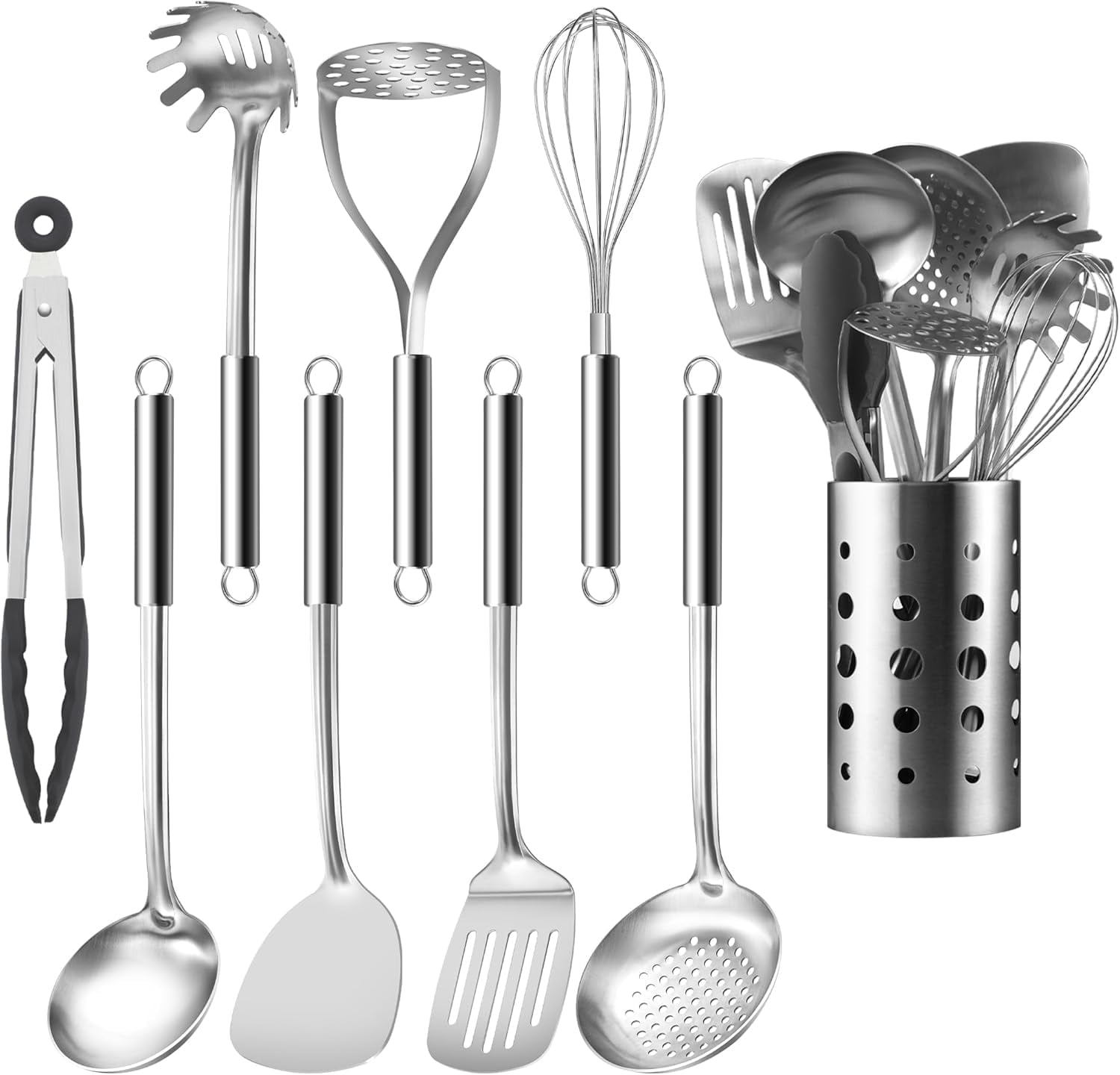 Mirdinner Cooking Utensils Set, 9 Pcs Stainless Steel Kitchen Utensils Set, Kitchen Tools Set, Spatula Sets w Utensil Holder, Wok Spatula,Ladle,Egg Whisk,Non-Stick And Heat Resistant, Dishwasher Safe