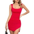 thumbnail image 3 of Women'S Summer Sleeveless Tie Waist Back Square Neck Backless Slit Hem Ruched Bodycon Mini Tank Dress Red XL, 3 of 9