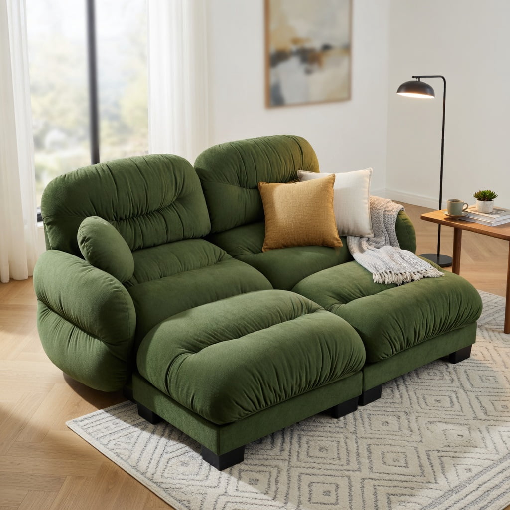 Hommoo Chenille 2-Seater L-Shaped Modular Sectional Sofa with Ergonomic Foam, Curved Armrests, 2 Ottomans & 2 Round Throw Pillows, Pleated Back Design, Green