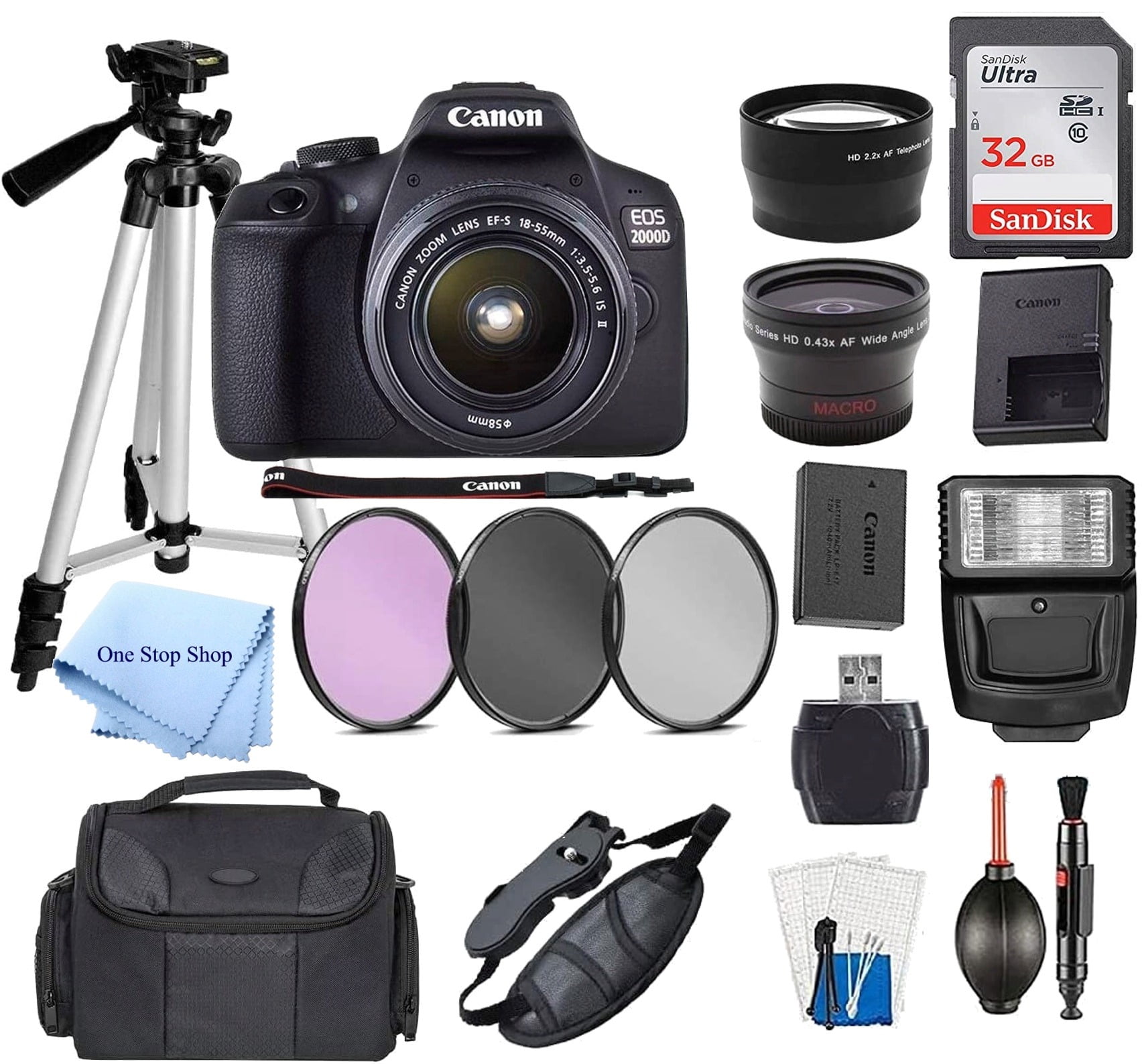 Canon EOS 2000D Rebel T7 DSLR Camera with 1855mm Zoom Lens + 32GB