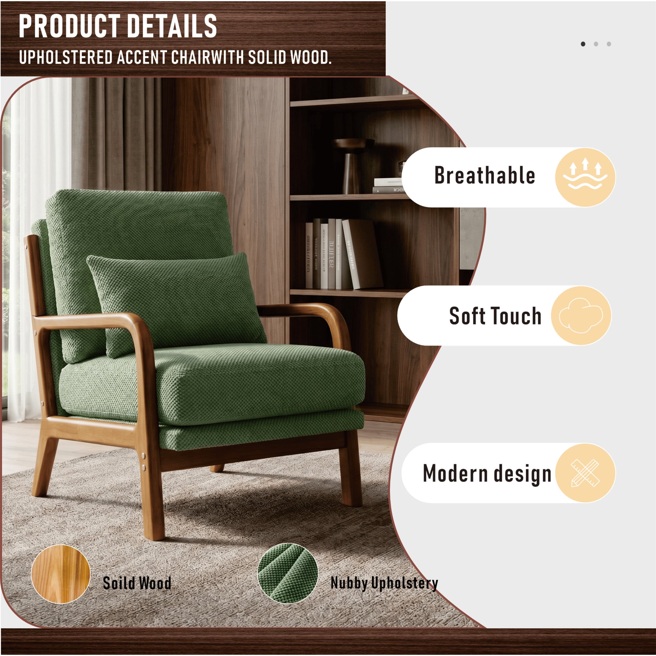 Noble House Mid-Century Modern Lounge Chair, Upholstered Accent Armchair with Solid Wood Frame, Dark Green