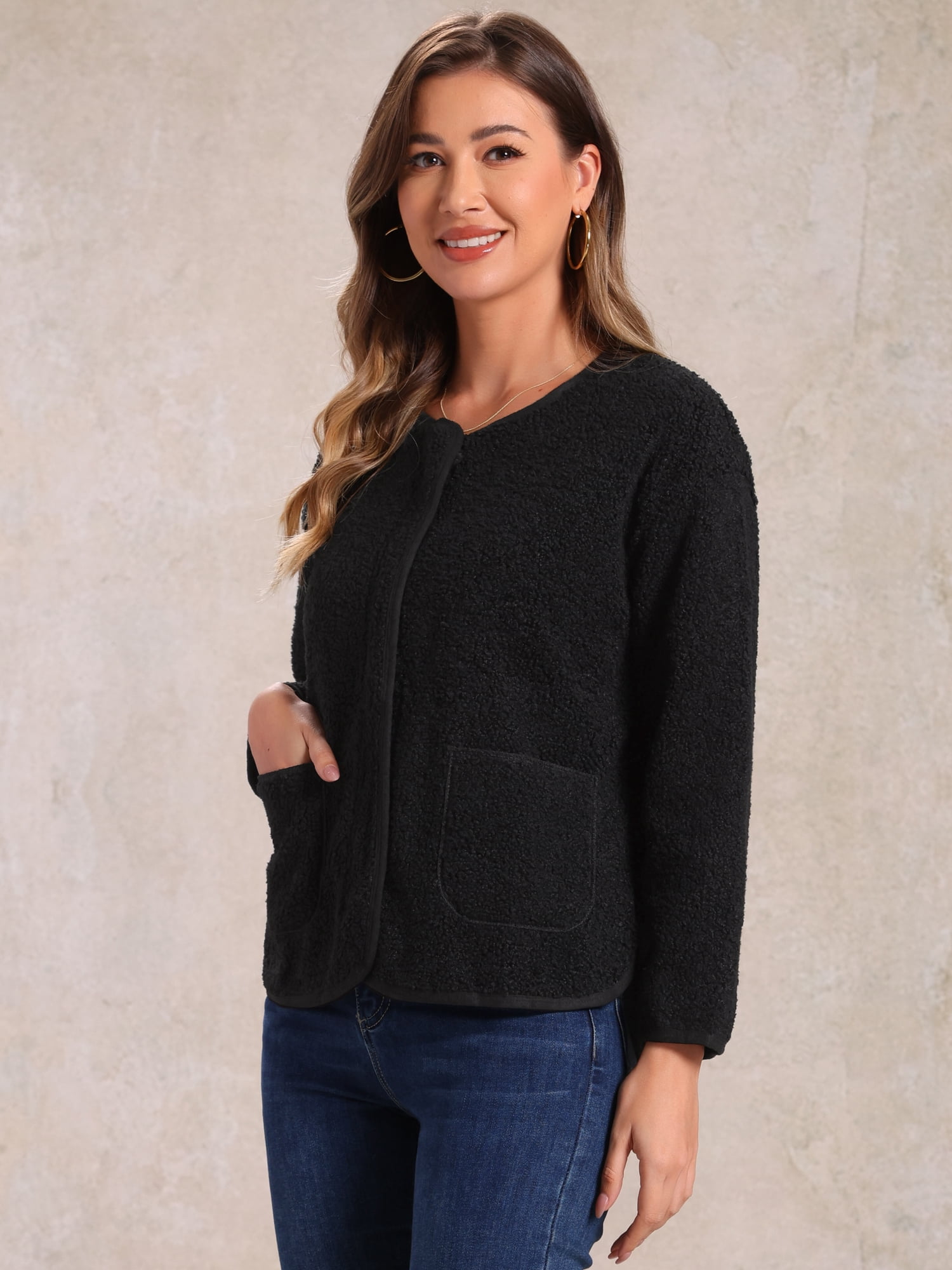 Unique Bargains Women's Collarless Jacket with Zipper Long Sleeve Faux Fur Coat XL Black