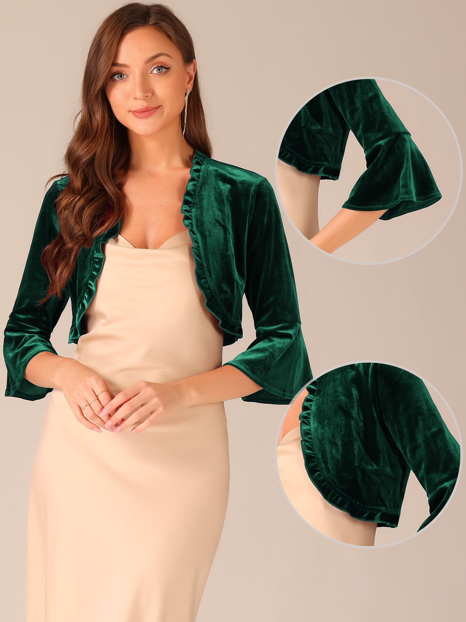 DARING DIVA Velvet Shrug Top Ruffled Cocktail Cropped Cardigan L Dark Green