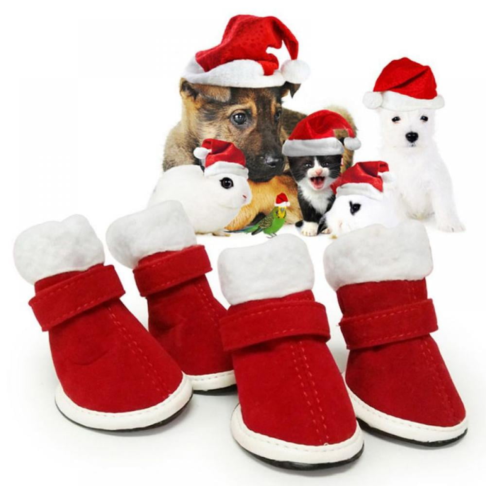 4Pcs/set Winter Dog Shoes Anti Slip Dog Rain Snow Boots Santa Warm Pet