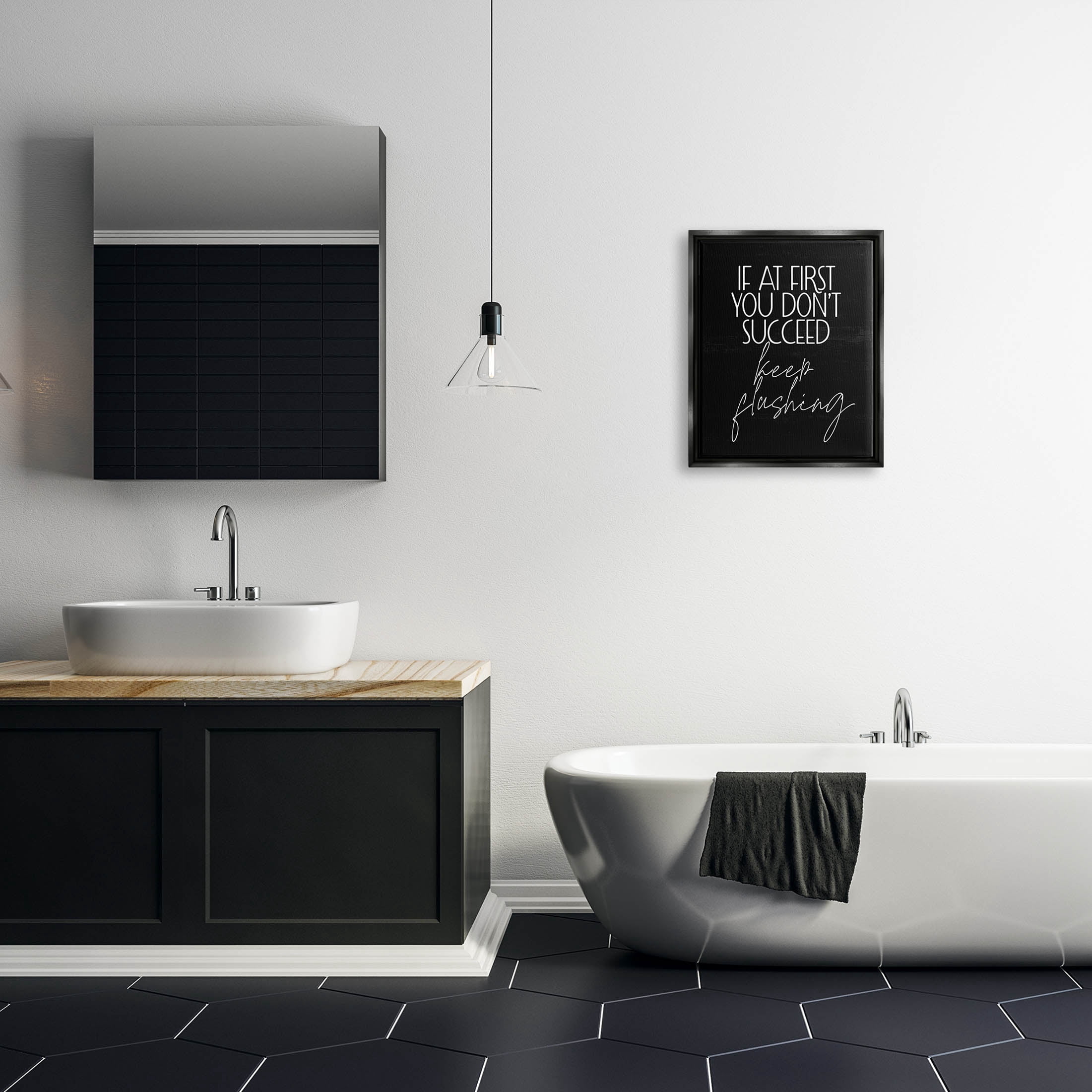Stupell Industries Keep Flushing Funny Bathroom Graphic Art Jet Black Floating Framed Canvas Print Wall Art, Design by Lil' Rue