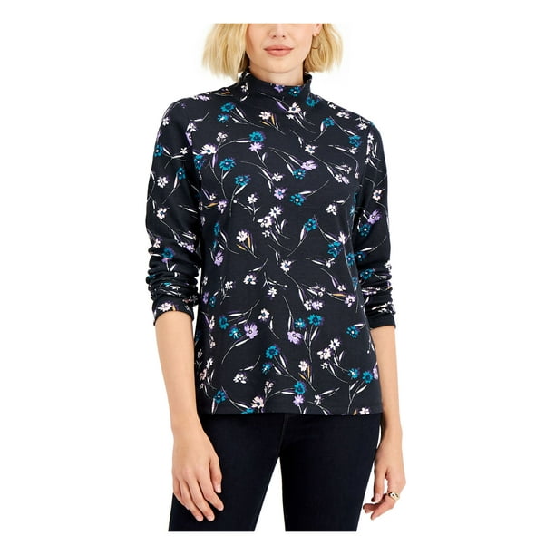 KAREN SCOTT Womens Black Floral Long Sleeve Mock Neck Top Petites PP