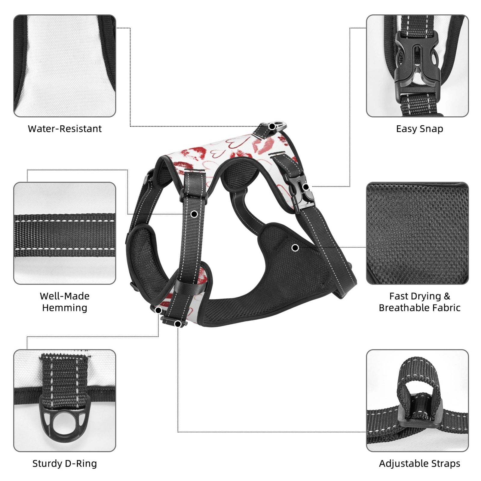 Kdxio Red Lips Print No Pull Dog Harness Adjustable Reflective Oxford Easy Control Medium Large Dog Harness for Training and Everyday-X-Large