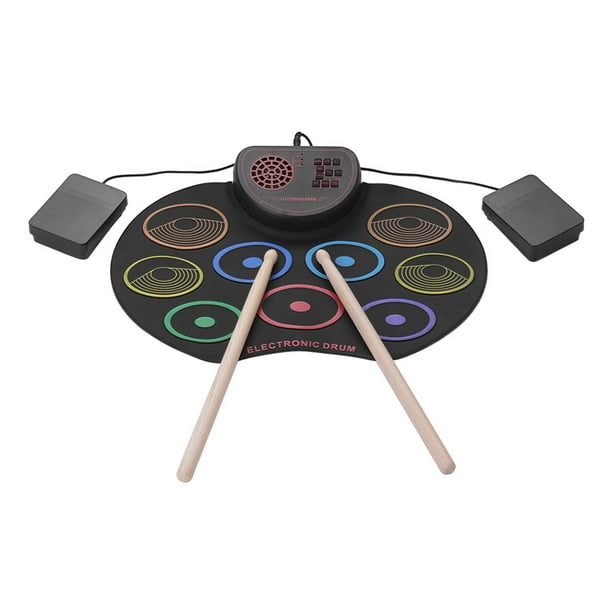 Tambor electronico Juego de batería electrónica portátil Kit de almohadilla de batería USB 9 almohadillas de batería Altavoz incorporado con baquetas y pedales Instrumentos de percusión digital Tomshoo Tambor electronico