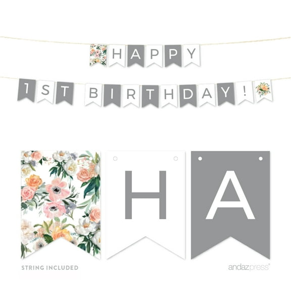 Peach Coral Floral Garden, 5-Feet  Happy 1st Birthday! Hanging Pennant Party Banner with String