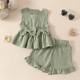thumbnail image 5 of Outfits Sleeveless Bow Solid Vest T Shirt Tops Ruffles Shorts Girls Spring Clothes,Green,Size 3 -4 Years, 5 of 9