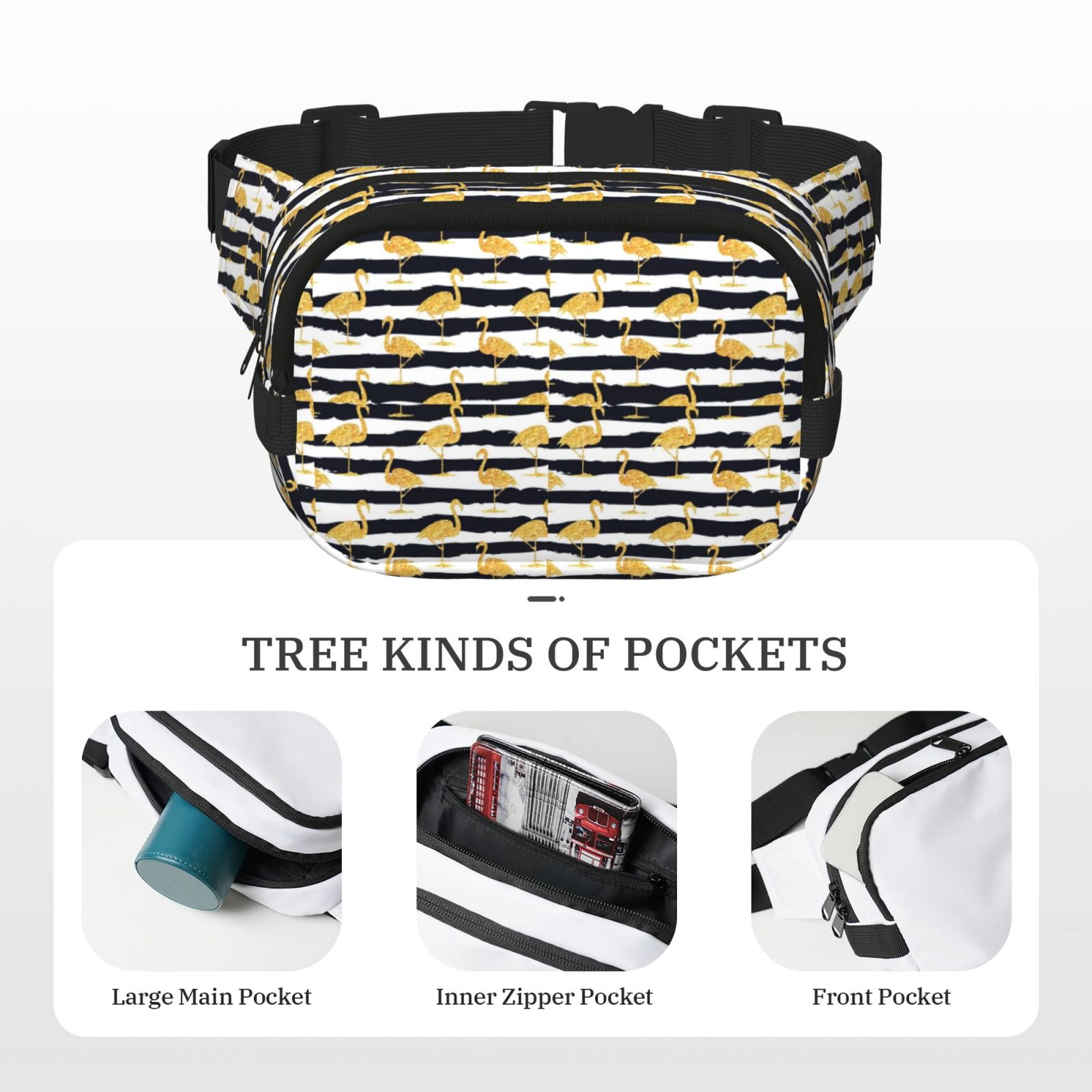 Picia Gold Flamingo Print Square Double-Layer Waist Bag Mini Adjustable Waist Belt Bag Exercise Running Travel Hiking
