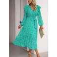thumbnail image 2 of Floral Print Ruffle Shoulder Long Sleeve Midi Dress for Women Green Small, 2 of 5