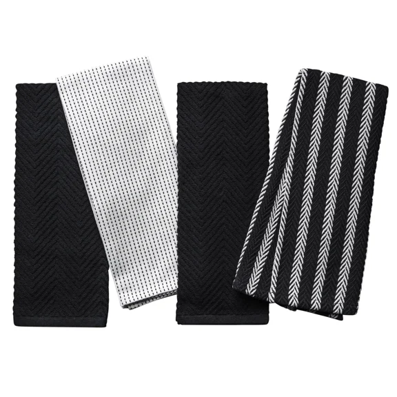 Thyme & Table Kitchen Towels, White And Black, 4 Pack Set