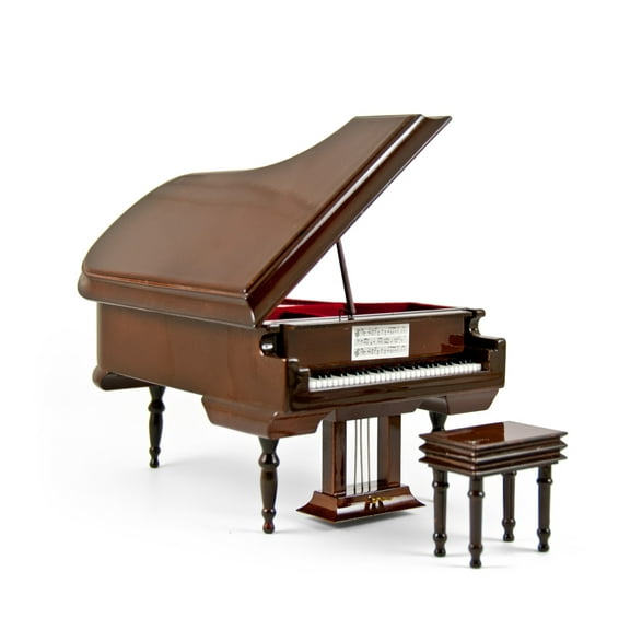 Sophisticated 30 Note Miniature Musical Hi-Gloss Brown Grand Piano with Bench - Beauty and the Beast