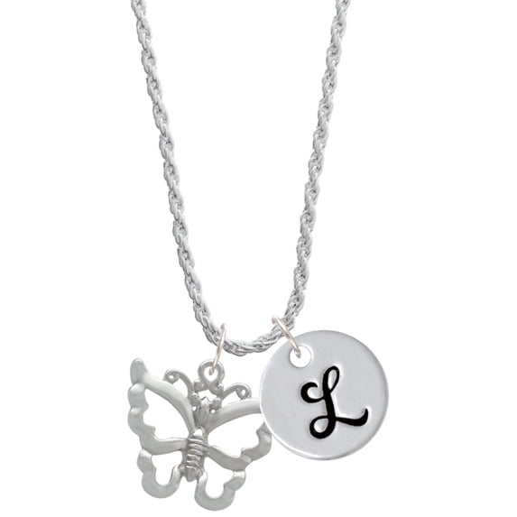 Delight Jewelry Silvertone Large Open Butterfly Silvertone Script Initial Disc - L - Charm Necklace, 20"+3"