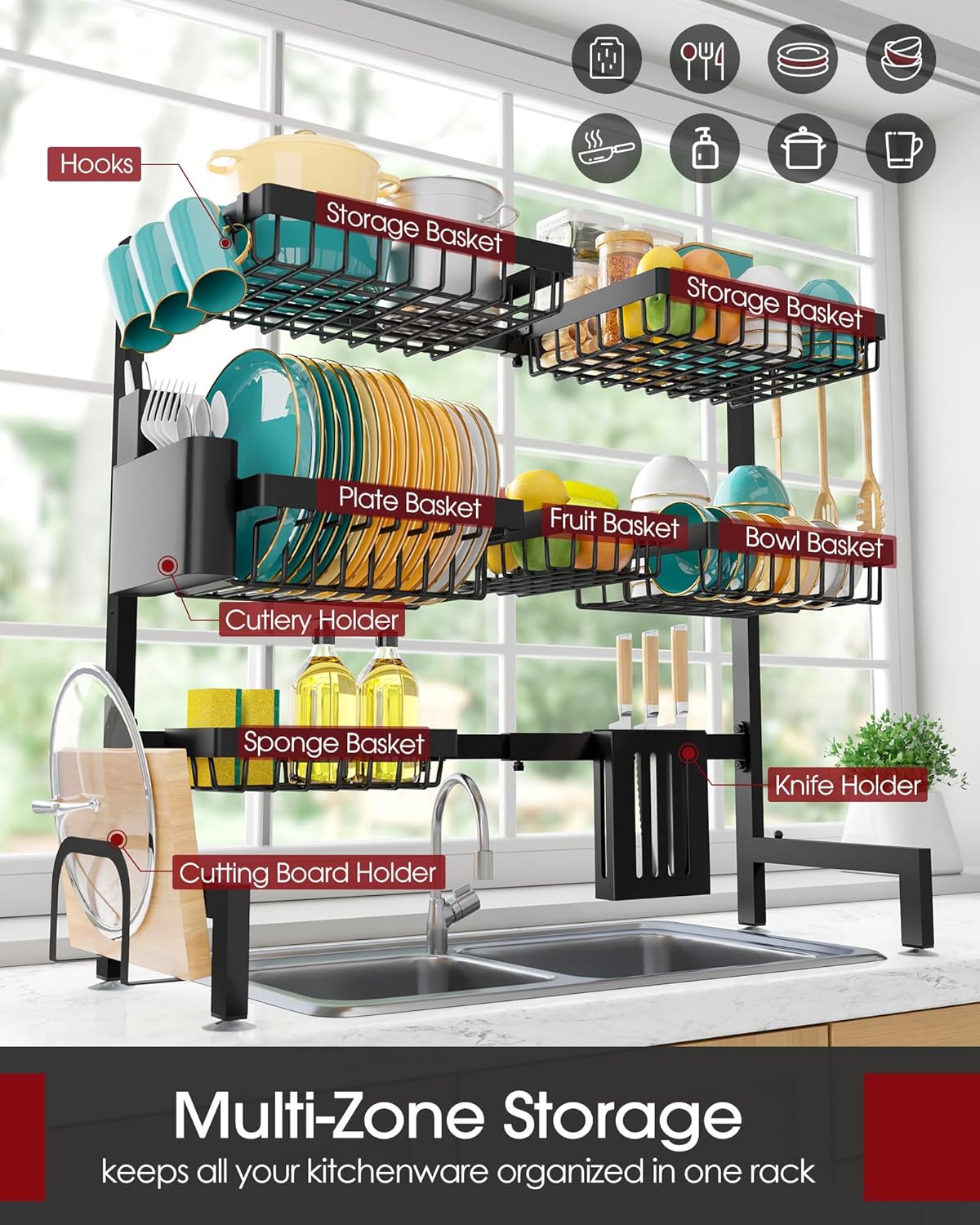 Over The Sink Dish Drying Rack - Adjustable 2 Tier X-Large Capacity Stainless Steel Drainer with Cutlery & Utensil Holders, Kitchen Storage & Organization