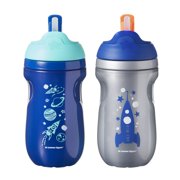 Tommee Tippee Insulated Toddler Straw Sippy Cup Tumbler | 12+ months, Blue & Silver – 2 Count