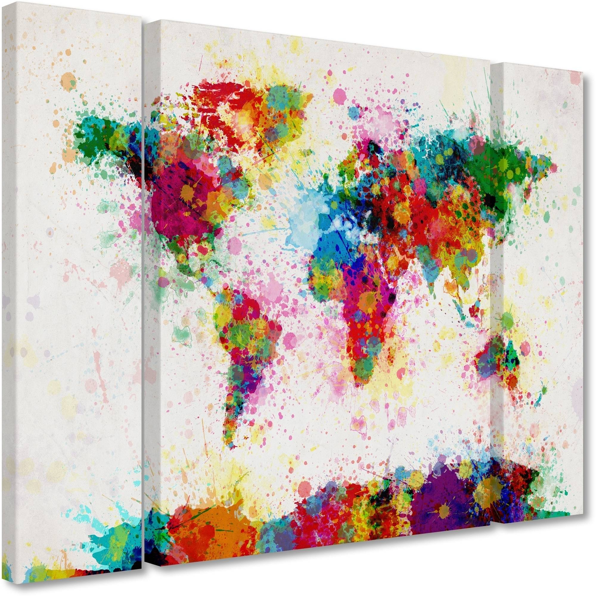 Trademark Fine Art "Paint Splashes World Map" Canvas Art by Michael Tompsett Three Panel Set