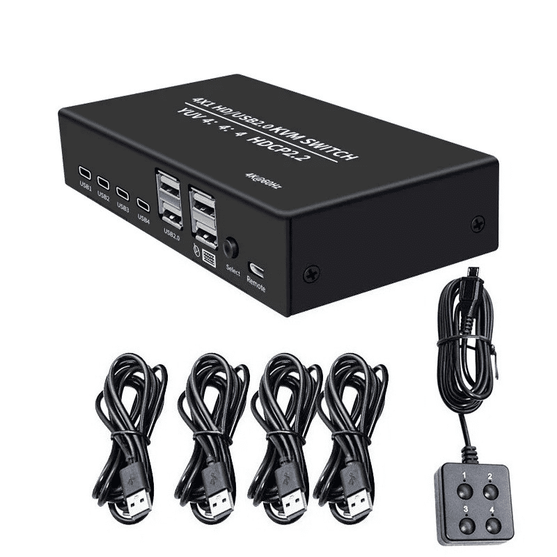 RIWPKFH 4 port HDMI KVM Switch 4 in 1 out 4K 60Hz HDMI USB Switch Selector with Desktop Controller for 4 PC Share Monitor Mouse Keyboard