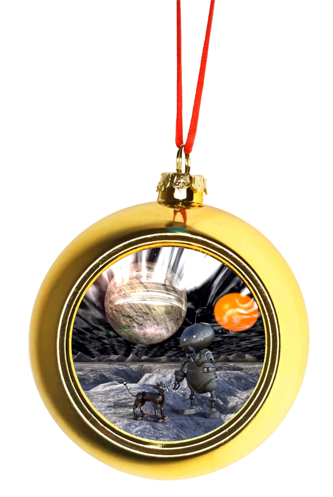 Robot and Dog in Outer Space Ornaments Gold Bauble Christmas Ornament