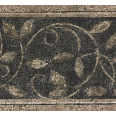 Block Wallpaper Border - Abstract Damask Beige Vines Black Vintage Wallpaper Border Retro Design, Roll 15' x 7''