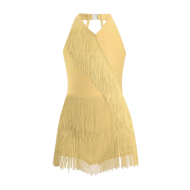 Yanarno Kids Girls Rhinestones Latin Jazz Dance Dress Sparkly Tango Rumba Samba Dance Costume Fringe Leotard Yellow 10
