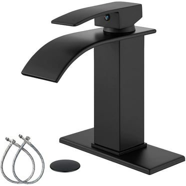 gotonovo Matte Black Bathroom Sink Faucet Waterfall Spout Single Handle 1 Hole Deck Mount Mixer Tap Lavatory Vanity Sink Faucet Commercial with Deck Plate and Pop Up Drain