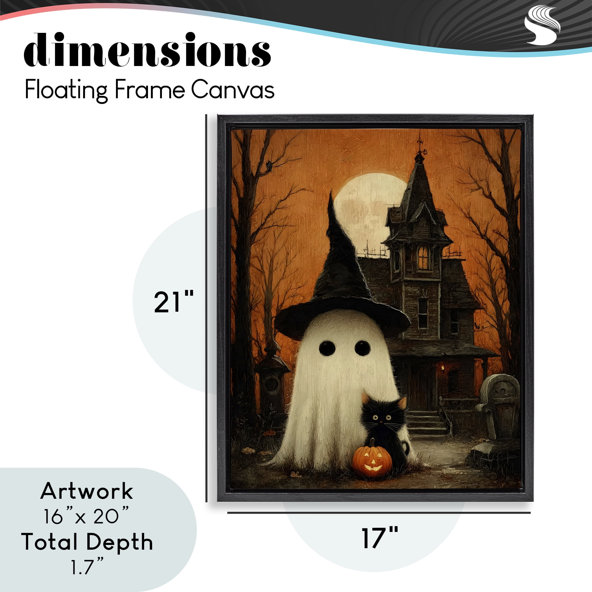 Cute Ghost & Haunted House Black Framed Floater Canvas Wall Art, design by Arlington Prints